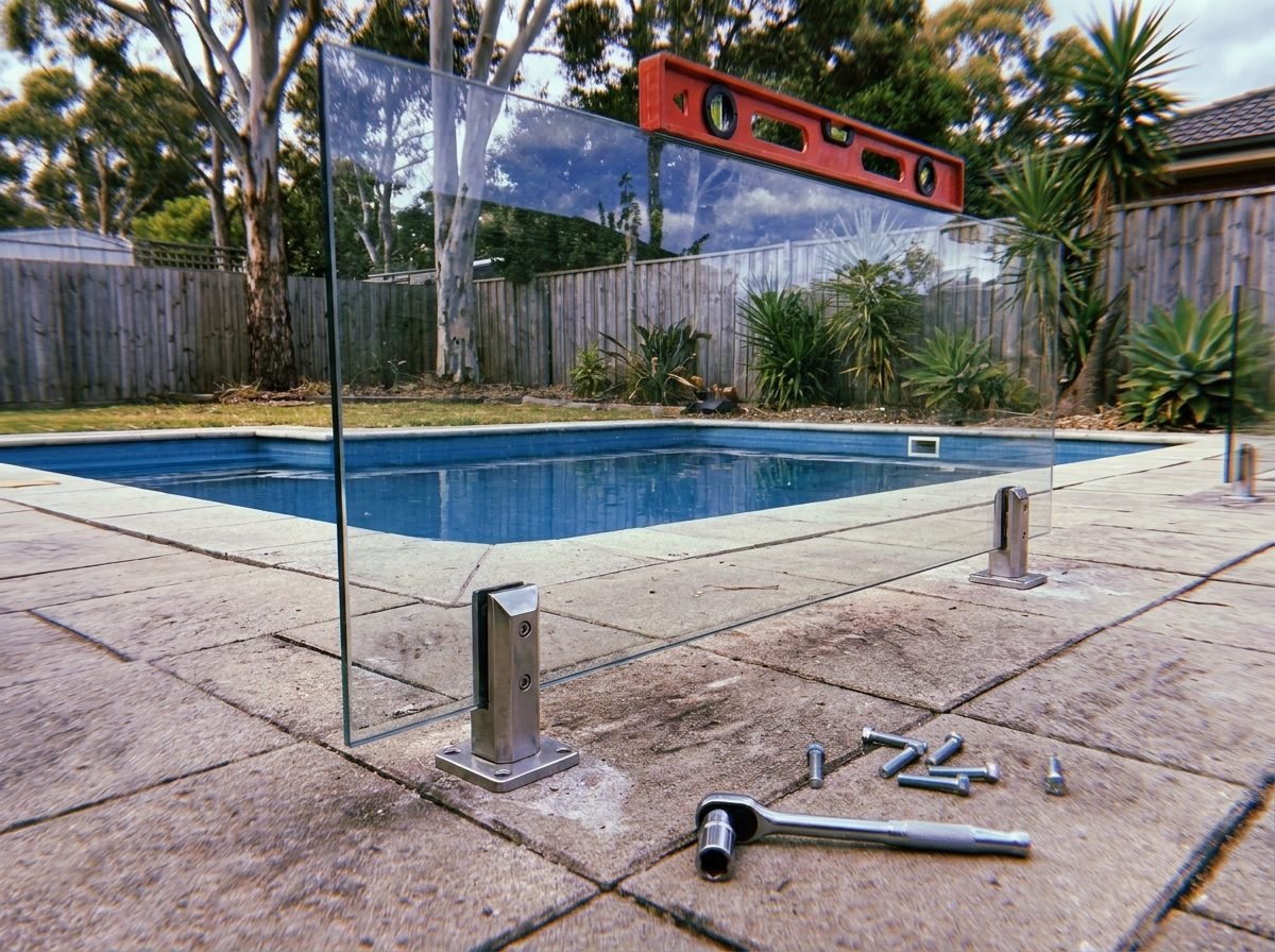 Frameless glass pool fence panel being installed with a spigot clamp beside an Australian backyard pool