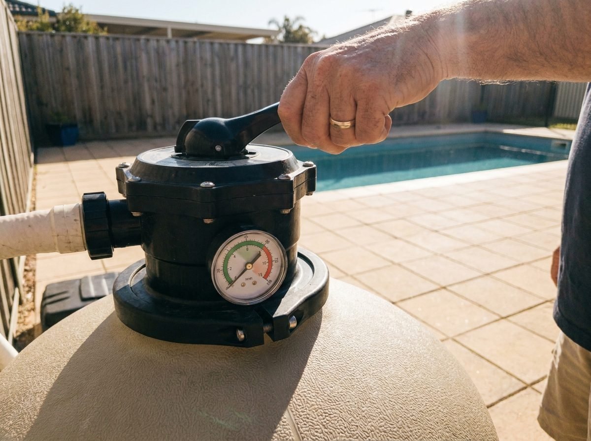 Hand resting on the multiport valve of a pool sand filter tank beside a backyard swimming pool