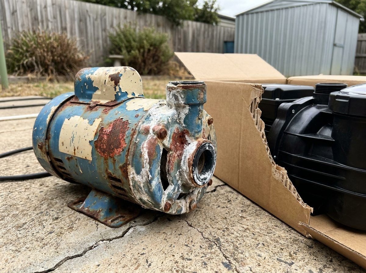 Old rusted pool pump motor beside a boxed replacement pump on a home pool equipment pad