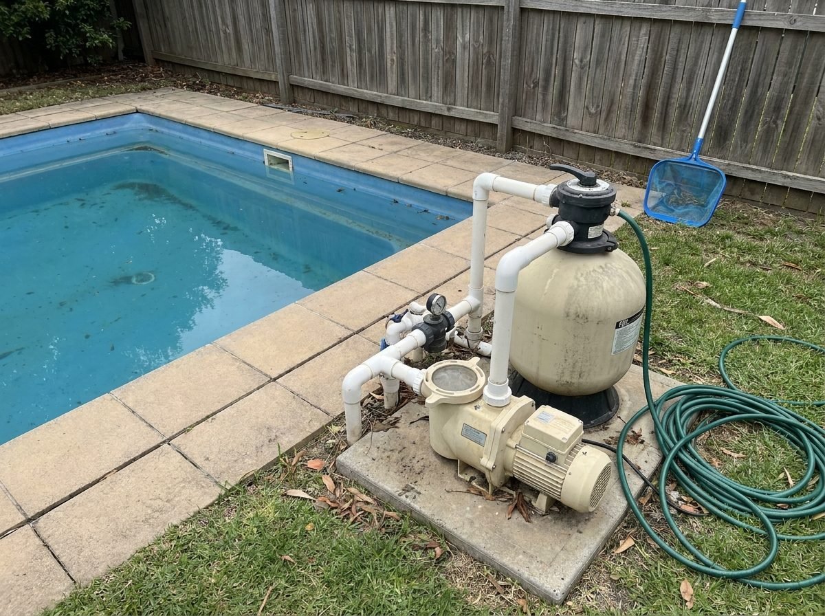 Home swimming pool pump and sand filter system beside an in-ground pool in an Australian backyard