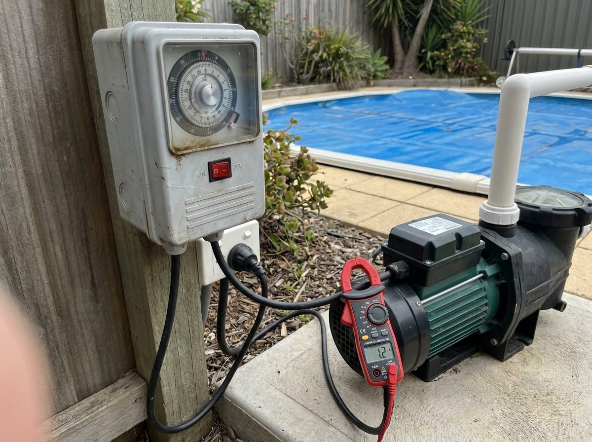 Pool pump timer switch and energy clamp meter mounted beside a home pool equipment pad