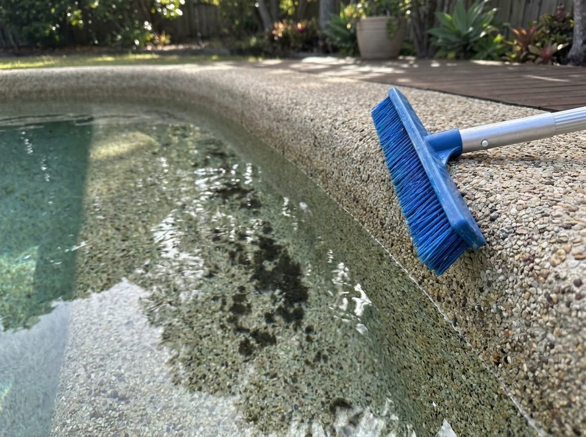 Black algae spots on the wall of a swimming pool just below the waterline with a pool brush nearby