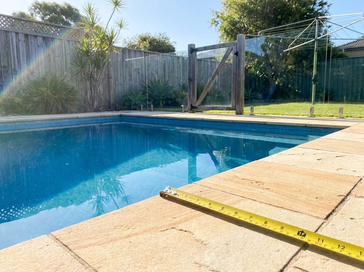 Wide view of a backyard swimming pool with a tape measure laid along its edge on the pavers