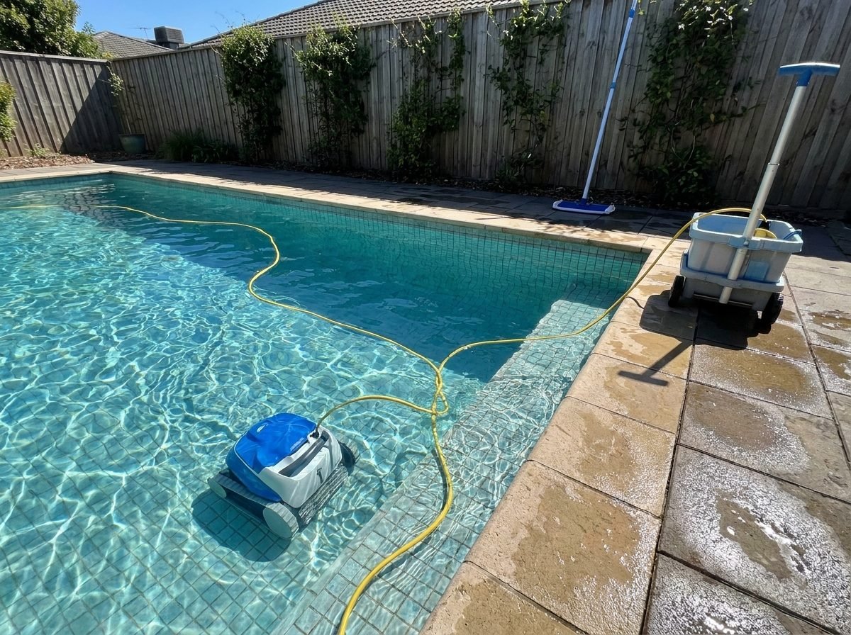Robotic pool cleaner working on the floor of a backyard swimming pool with a manual pole vacuum nearby